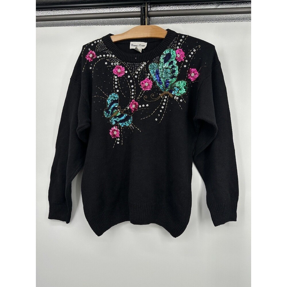 Vintage Bonnie Boerer Black Sweater w/ Gold & Silver Butterfly - Sz. M  Gorgeous